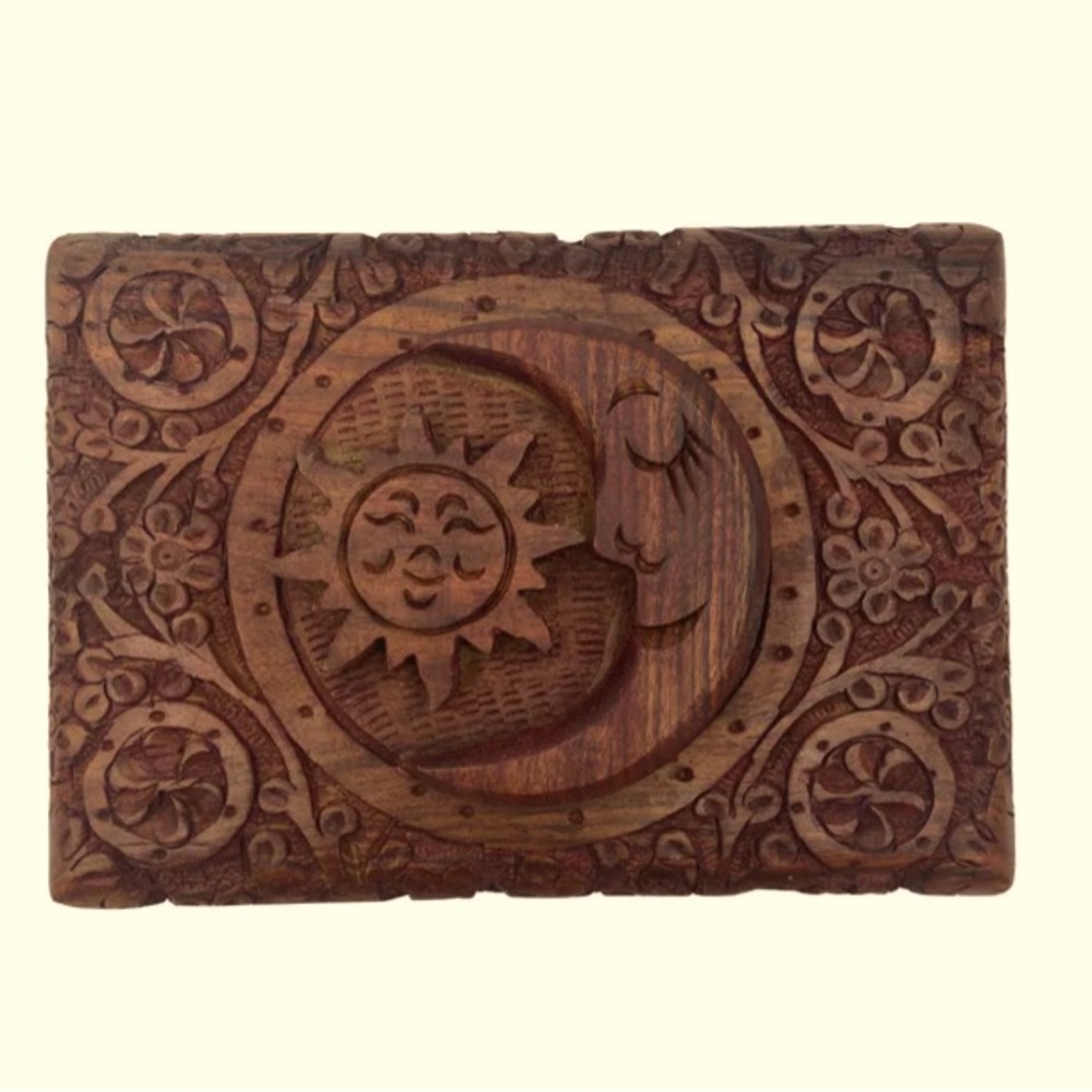 Wooden Carved Sun & Moon Trinket Box 5” x 7”